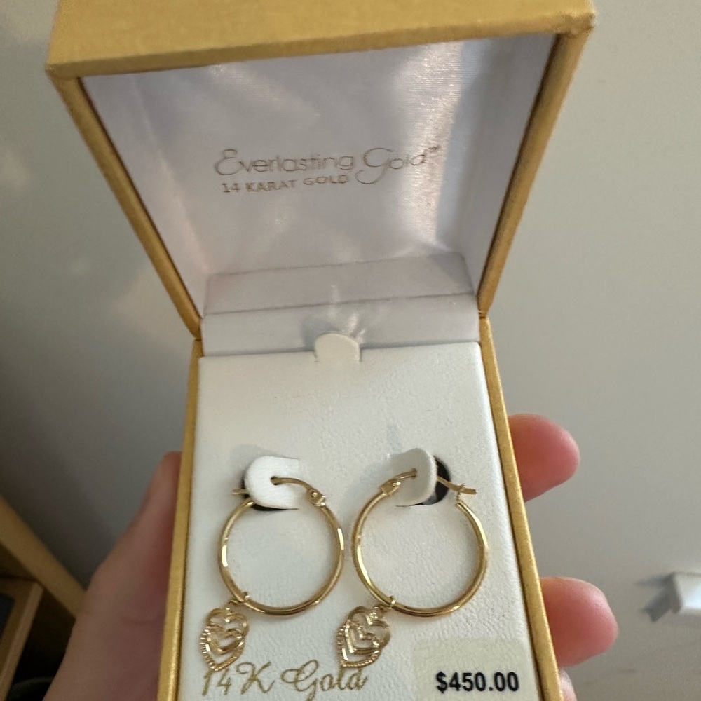 14K Gold Hoop Earrings with Heart Charm